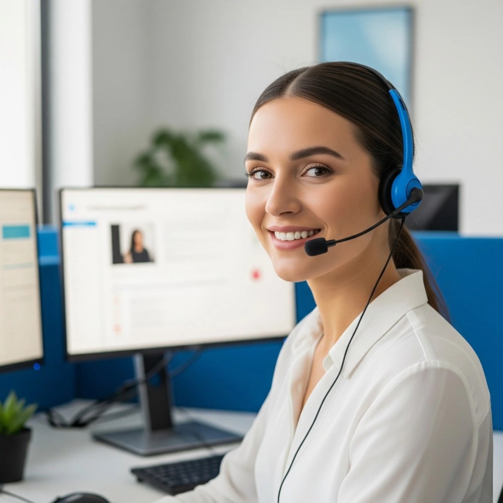 Kielitaitoinen asiakaspalvelija työskentelee kuulokemikrofoni päässä kansainvälisessä contact centerissä.