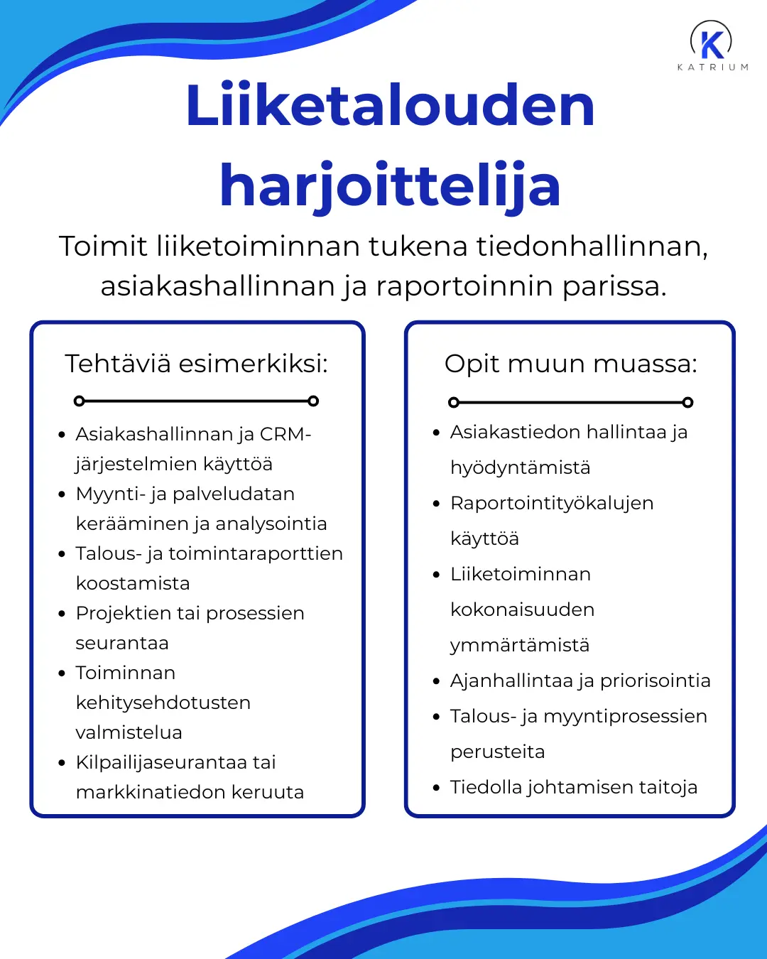 Liiketalouden harjoittelijan mahdolliset työtehtävät ja mitä voi oppia Katriumilla.