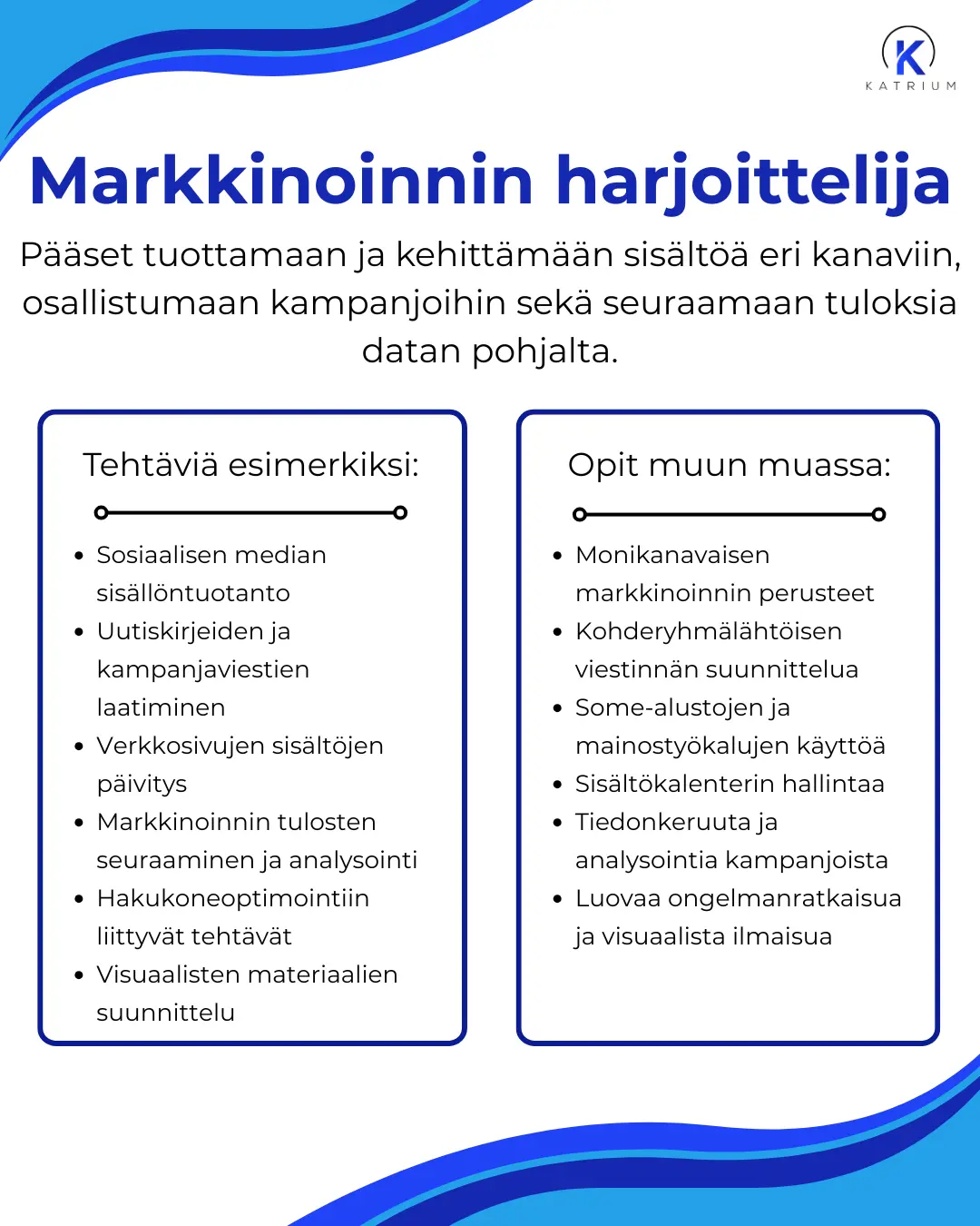 Markkinoinnin harjoittelijan mahdolliset työtehtävät ja mitä voi oppia Katriumilla