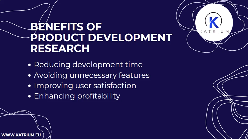 Infographic of benefits of product development research including reducing development time, avoiding unnecessary features, improving user satisfaction, and enhancing profitability