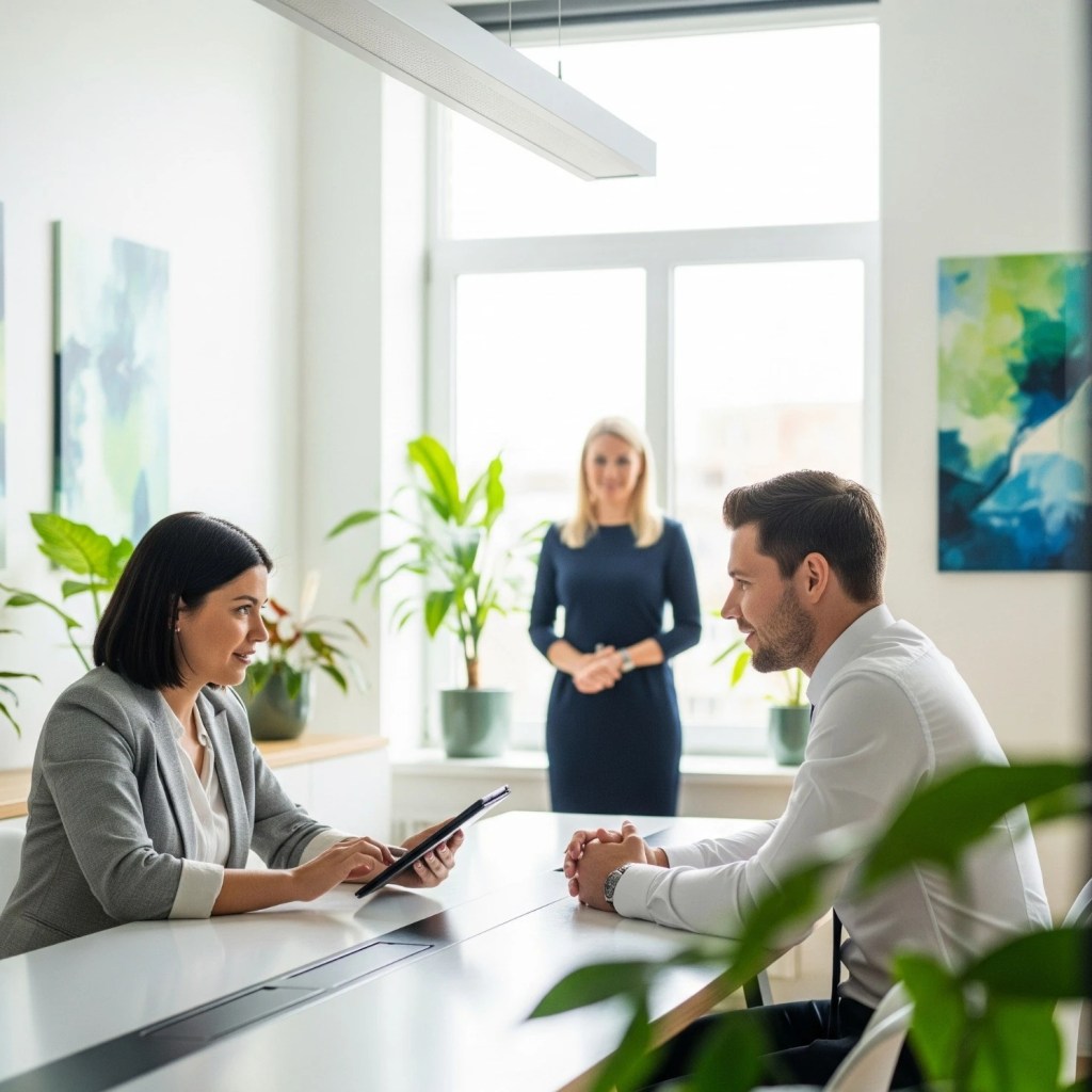 Rekrytointiasiantuntija haastattelee työnhakijaa neuvotteluhuoneessa, taustalla HR-edustaja seuraamassa tilannetta.