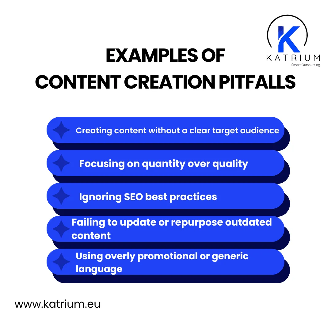 Infographic on examples of web content creation pitfalls, including creating content without a clear target audience, focusing on quantity over quality, ignoring SEO best practices, failing to update or repurpose outdated content, using overly promotional or generic language.