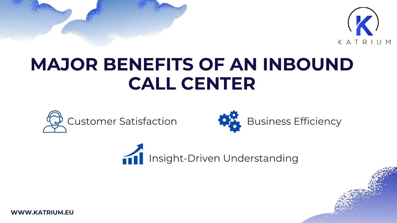 An infographic showing the major benefits of an inbound call center. The title reads ‘Major Benefits of an Inbound Call Center’. Below the title are three key benefits: ‘Customer Satisfaction’ with an icon of a headset, ‘Business Efficiency’ with an icon of gears, and ‘Insight-Driven Understanding’ with an icon of a rising bar chart.