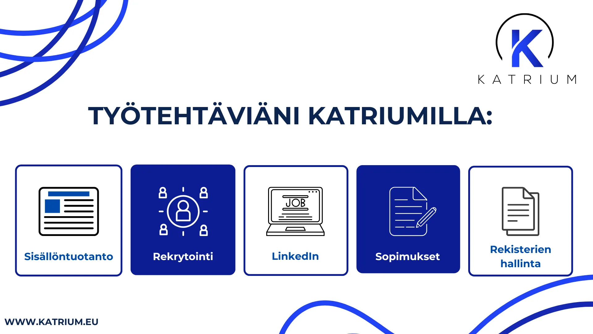 Kuvassa on infograafi, jonka otsikko on "Työtehtäviäni Katriumilla:" ja sen alla kohdat: "Sisällöntuotanto", "Rekrytointi", "LinkedIn", "Sopimukset" ja "Rekisterien hallinta".