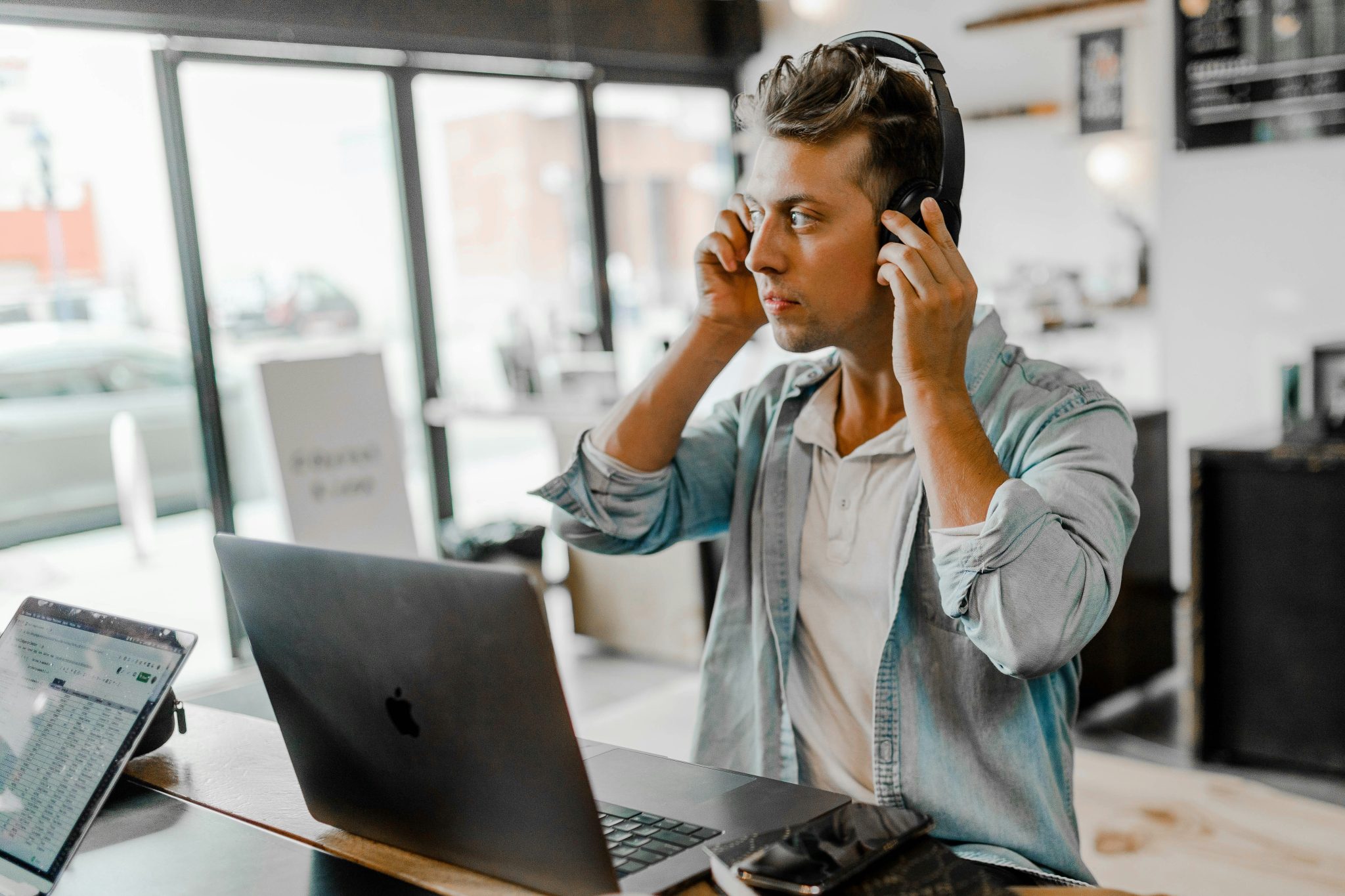 Customer service agent wearing a headset providing call center support