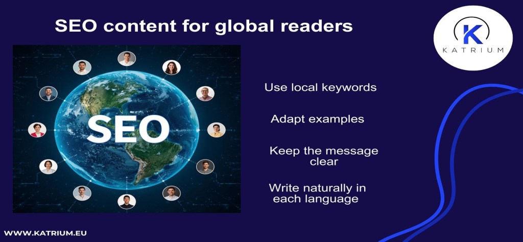 SEO content for global readers: use local keywords, adapt examples, keep the message clear, write naturally in each language
