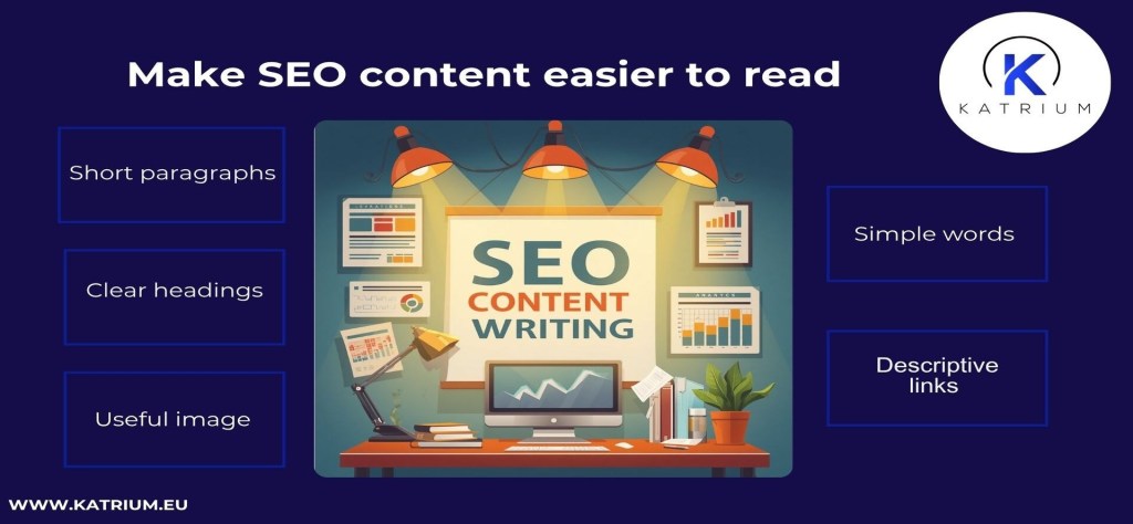 Make SEO content easier to read: short paragraphs, clear headings, Useful image, simple words, descriptive links.